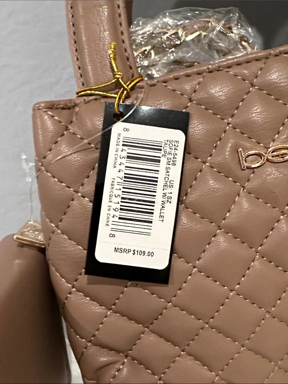 Bebe Sofie Small Quilted Satchel w Wallet in Taupe Crossbody Chain NWT